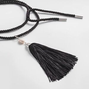 Mademoiselle Jules Black Cord Tassel Necklace with Fresh Water Pearl